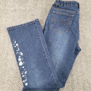 Adolfo Jeans Womens 12 Dark Wash Floral Embroidered Flare Leg Denim Pants Blue